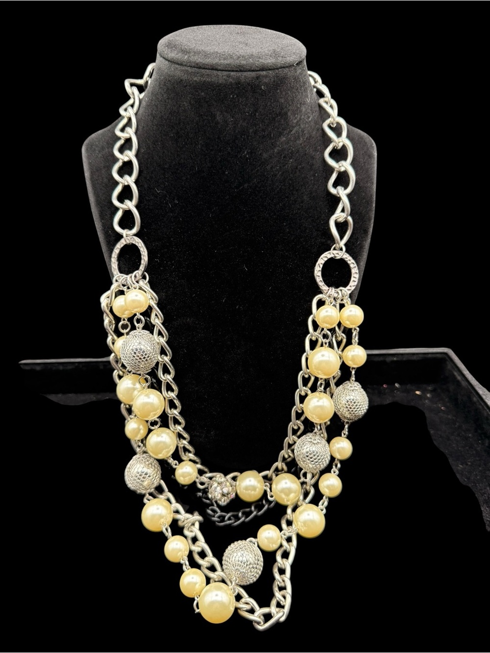 Vintage Pearl & Silver Disco Ball Multi-Chain Statement Necklace - Cream